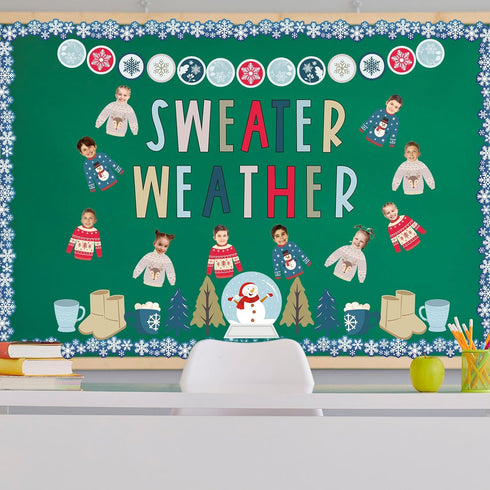 Whaline 85 Pcs Winter Bulletin Board Decoration Kit, Xmas Tree, Snowmen, Snowflake Cutouts for Home School Office Decor