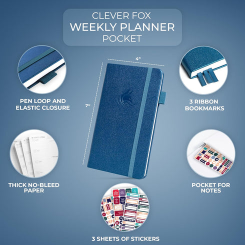 Clever Fox Pocket Planner Weekly – Undated Monthly Goal Planner, Mini Planner Perfect for Purse, 3.7x6.7" Mystic Blue