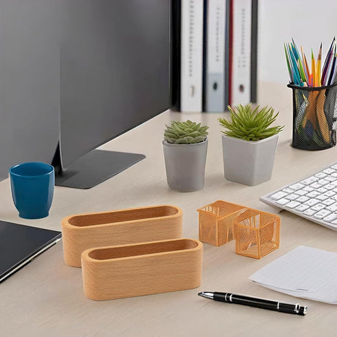 AUEAR 2 Pack Wood Business Card Holder for Desk, Beech Wooden Organizer Display Stand for Office Home Desktop