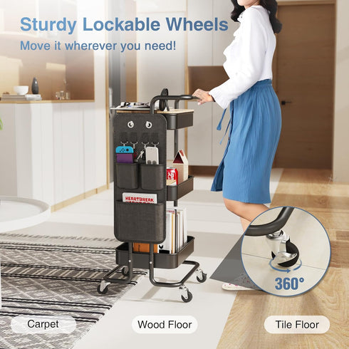 DTK 3 Tier Metal Utility Rolling Cart with Table Top, Side Bags, Tray Storage Organizer on Wheels for Kitchen, Office