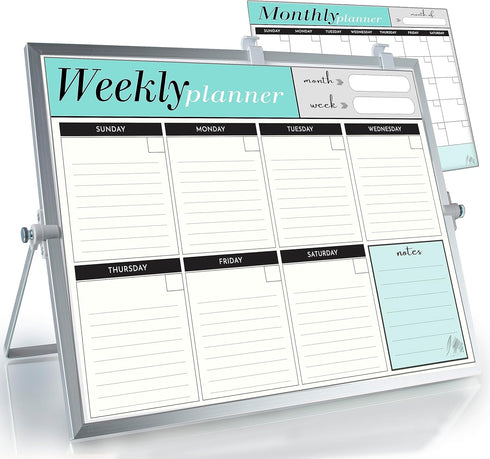 Dry Erase White Board, 12"x16" for Desktop & Wall - 2 Magnetic Planners, 6 Markers, Eraser & Wall Hangers Included