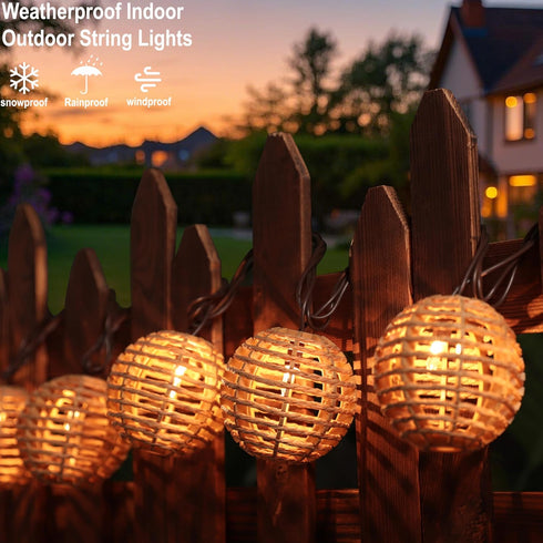 TWINKVILLA 10 Bulbs, Decorative String Lights Plug in with Incandescent Natural Rattan Globe Boho Lantern String Lights