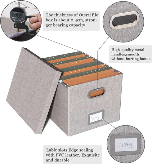 Oterri File Organizer Box, Filing Box with Lid, Portable Hanging File Box for Letter/Legal Storage, Gray