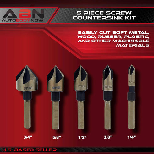 ABN Screw Countersink Kit 5-Piece SAE Drill Bit Set, 82-Degree, 1/4in Shank, 5 Flute Metal, Wood, Rubber, Plastic