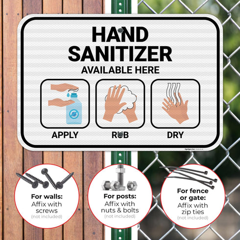 12x18 Inches, 3M .063 Hand Sanitizer Available Here with Apply Rub and Dry Hands Graphic Sign, EGP Reflective Aluminum