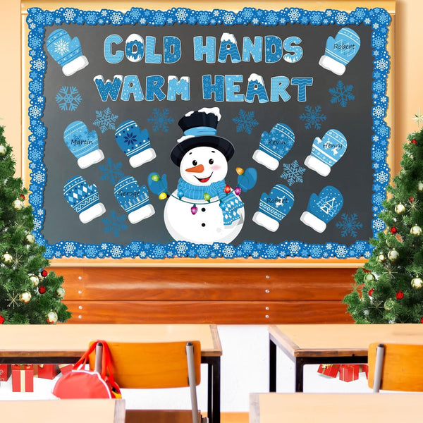 Faccito 70 Pcs Winter Snowman Bulletin Board Set, Blue Gloves and Snowflake Cutouts for Christmas Classroom Decor