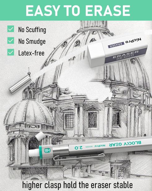 Nicpro Blocky Gear 2mm Mechanical Pencils in Case, Metal Drafting Lead Holder with 6 Tubes Lead Refill