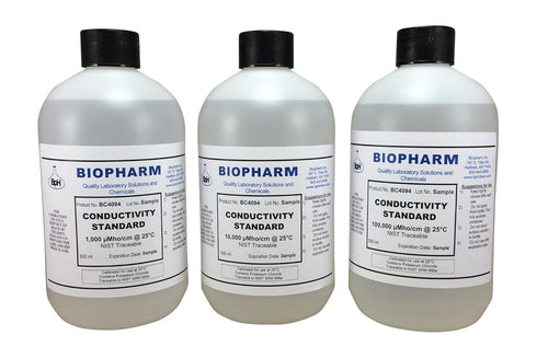 Conductivity Calibration Standard 3-Pack, 500 mL Each: 1,000 µS, 10,000 µS, 100,000 µS