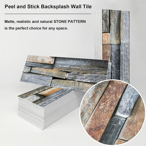 3-Pieces Peel and Stick Backsplash Tiles for Kitchen 4"x 12" PVC Self-Adhesive Subway Matte Faux Stone Wall Panel