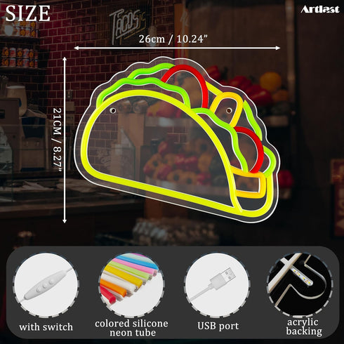 Artlast Tacos Shaped Neon Sign LED Neon Taco Signs for Mexican Food Restaurant Wall Decor Tacos Decorations for Taco