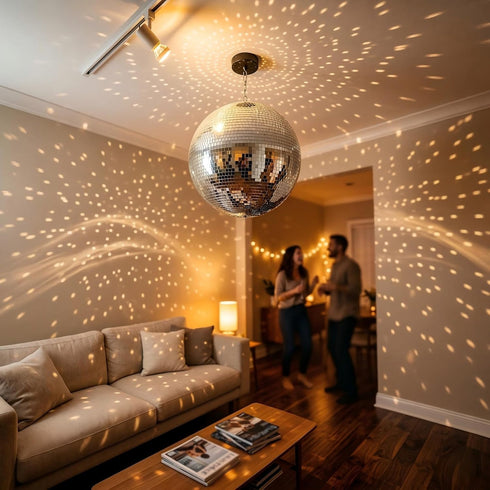 Kaviooy 12 Inch Large Disco Ball, Rotating Mirror Ball with Real Glass Tiles, Sturdy Hanging Ring for Party
