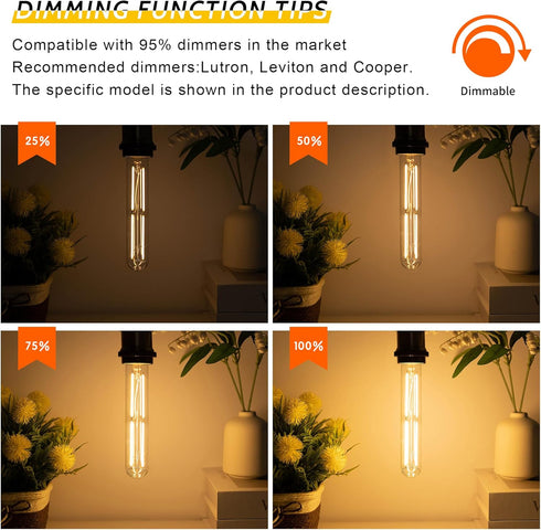 Tubular Light Bulb, 7.3 Inch Dimmable T10 LED Bulb, E26 6W, 60 Watts Edison Bulbs, 2700K Soft White, 4-Pack