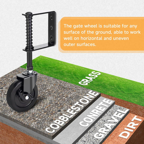 4 Inch Heavy Duty Gate Wheel with Brake, Spring Loaded Caster Wheel, Outdoor Gate Helper for Wooden PVC Fences, 220 Lbs