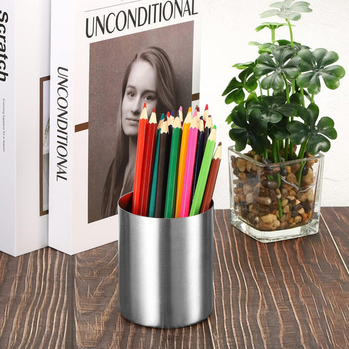 PATIKIL Pencil Holder - 3 Pack Stainless Steel Pen Holders for Desk Accessories, Makeup Brush Organizer, Silver