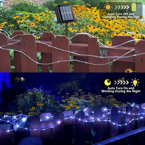66ft 200 8 YEGUO Solar Rope Lights Outdoor Waterproof, LED White String Lights, Modes Fairy Lights in Clear Thin Tube