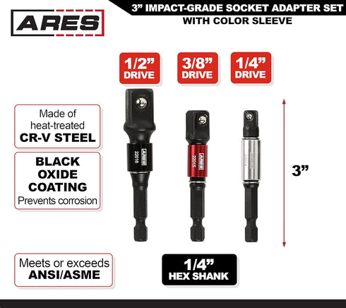 ARES 22011-3-Piece 3-Inch Impact Grade Socket Adapter Set with Color Sleeve - Turns Power Drill into High Speed Nut Driver - 1/4-Inch, 3/8-Inch, and 1/2-Inch Drive by ARES