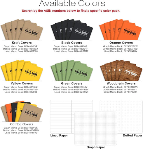 Elan Publishing Company Field Notebook/Pocket Journal, 3.5"x5.5", Kraft, Black, Orange, Yellow, Pack of 5