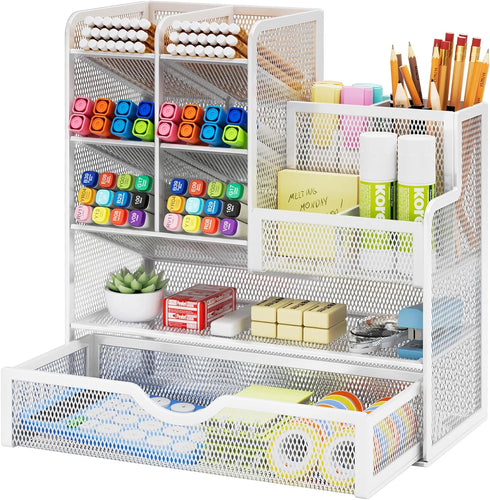 Marbrasse Mesh Pen Holder for Desk, Multi-Functional Organizer with Drawer for Office Art Supplies, White
