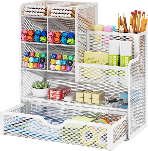 Marbrasse Mesh Pen Holder for Desk, Multi-Functional Organizer with Drawer for Office Art Supplies, White