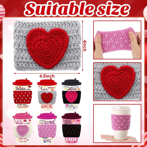 Zhehao 6 Set Valentine's Day Teacher Gift Crochet Coffee Cup Sleeve with Thanks A Latte Coffee Card Galentine's Day