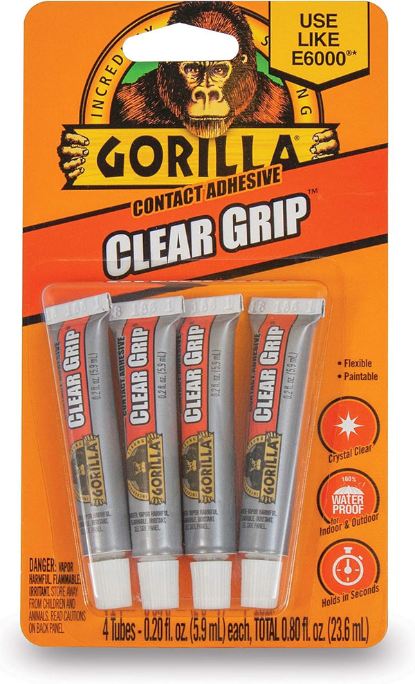Gorilla Clear Grip Waterproof Contact Adhesive Minis, Four .2 Ounce Tubes, Clear, Pack of 1
