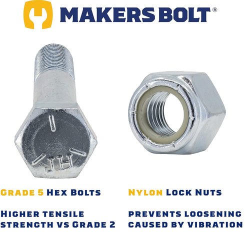 Grade 5 Shear Bolts for Rotary Cutters 1/2" x 3-1/2" with Nylock Nuts, 12 Pack