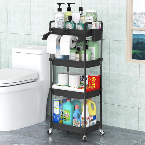 SPACEKEEPER Rolling Storage Cart, 4-Tier Mobile Bathroom Organizer with Towel Rack, Lockable Wheel, Hooks & Cup