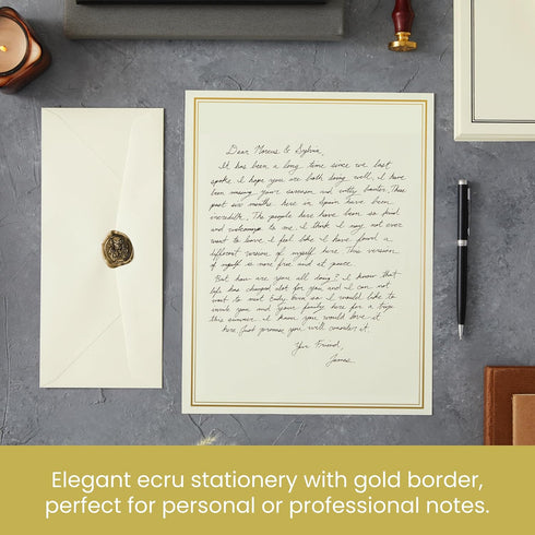 Set 48 8.5x11 Inch 24 Premium Letter Writing Stationery with Envelopes Sheets of Ecru Paper with Gold Border & Writing