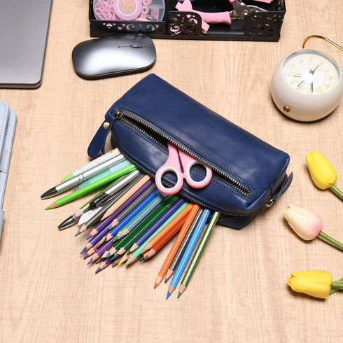 WONDERPOOL Pen Case Real Leather Pencil Pouch Markers Holder Big Capacity Bag with Side Zippered Pocket for Stationery