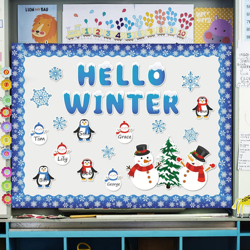 Whaline 82Pcs Winter Bulletin Board Decoration Set - Snowman, Snowflake, Penguin Cutouts for Xmas Holiday Decor