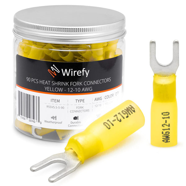 Wirefy 90 PCS Marine Grade Heat Shrink Fork Connectors #10 - Spade Fork Wire Terminals - Yellow 12-10 Gauge