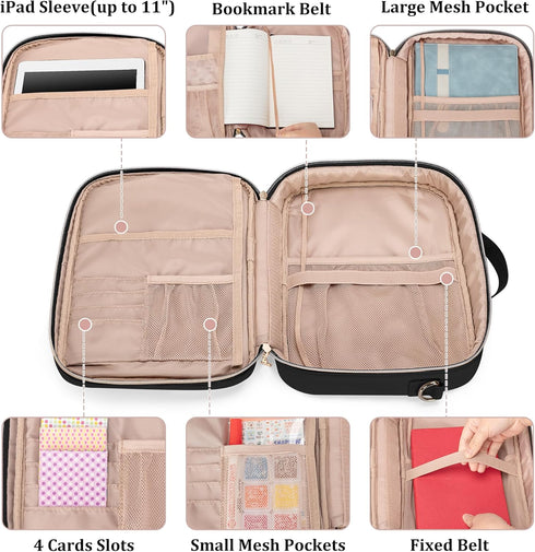 Teamoy Journal Supplies Storage Case, Holder with Detachable Pen Slots for B5 Notebooks, Planner, Black Quilted