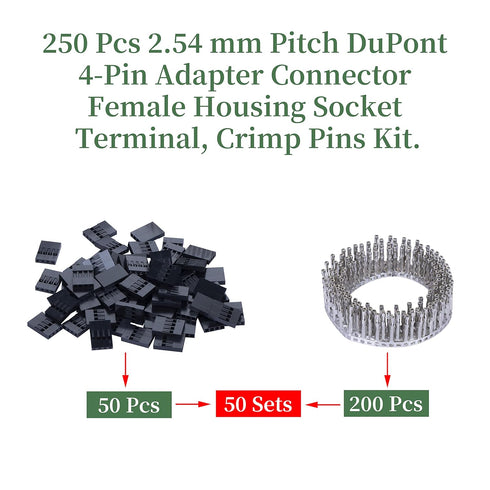 50 Sets Dupont 2.54 mm Pitch 4-Pin Female Adapter Cable Connector Accessories, 250 Pieces Crimp Pins Kit