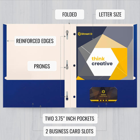 Better Office Products 50 Pack Blue Paper 2 Pocket Folders with Prongs, Letter Size, Matte Texture, 3 Metal Prong Clips