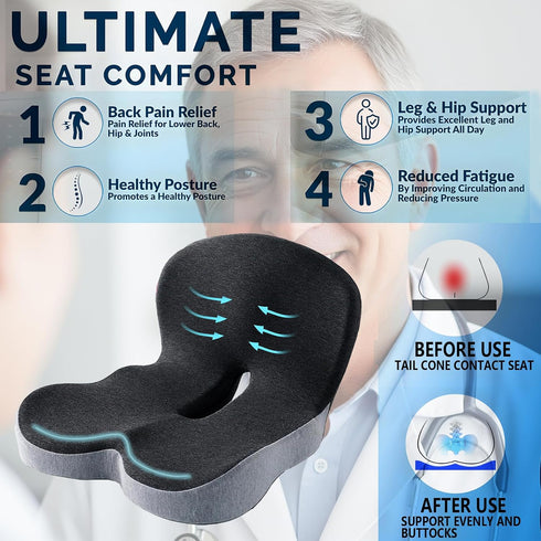 Herdusa Tailbone Memory Foam Seat Cushion for Truck Drivers Car Seat & Office Chairs Ergonomic Chair Cushion for Back