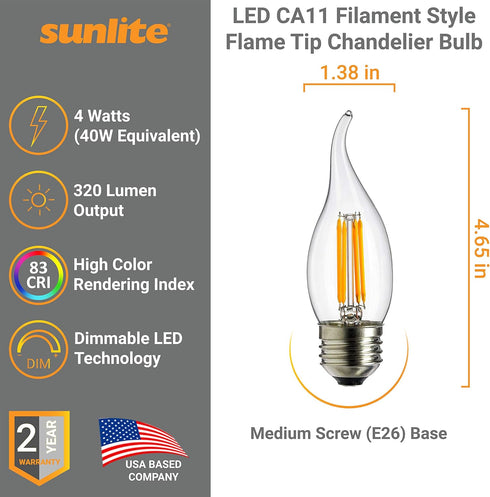 41519 CA11 Bulb, 4 (40W E26 Dimmable, 6 Pack 1800K Sunlite LED Filament Flame Tip Chandelier Light Watts Equivalent)