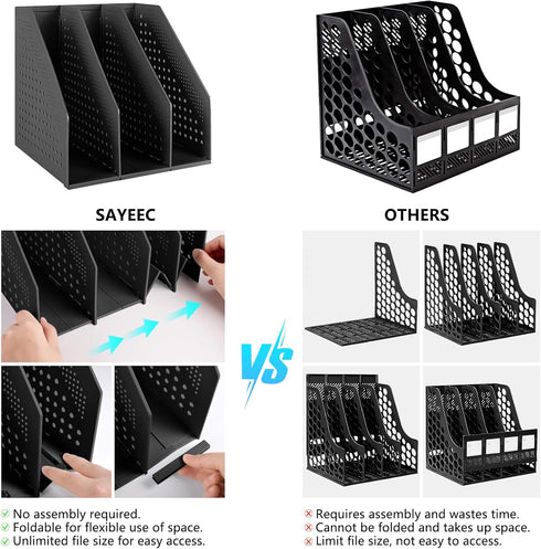 SAYEEC 1Pcs Collapsible Plastic Magazine File Holder, 3 Compartments for Desk Organizer (Black)