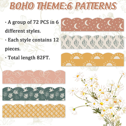 Whaline 82Ft Modern Boho Bulletin Board Borders, Sun Moon Leaves Trim Border for School Classroom Office Decor