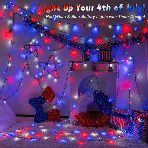 cshare 4th Lights16.4ft 50LED Red White and Blue String Lights Battry Operated with Timer Waterproof, of July String