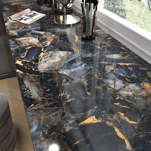 Marble Black Contact Paper, Peel and Stick Gold Wallpaper for Kitchen, Waterproof Vinyl Film for Countertop Cover