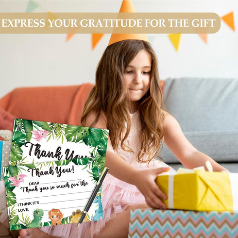 HMJKL 20 Pack (07) Dinosaur Thank You Cards Fill In The Blank, Dino Thank You Notes For Kids, Greenery Thank You