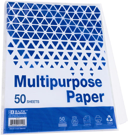 BAZIC 50 SHEETS 8.5" x 11" White Multipurpose Paper, 20 LB (75 gsm) for Copy, Fax, Laser & General Printing