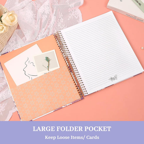 CAGIE Floral Spiral Notebook, 8.5 x 11, 200 Pages, Large Hardcover with Pockets for Women and Girls Note Taking, Purple