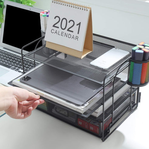 Marbrasse 4-Trays Desktop File Organizer with Pen Holder | Paper Letter Tray with Drawer and 2 Pen Holders