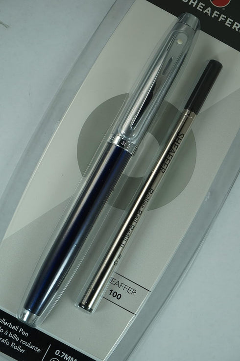 Sheaffer 100 Pearlescent Metallic Blue Rollerball Pen with Nickel Appointments, Signature Mid Band and Dot of