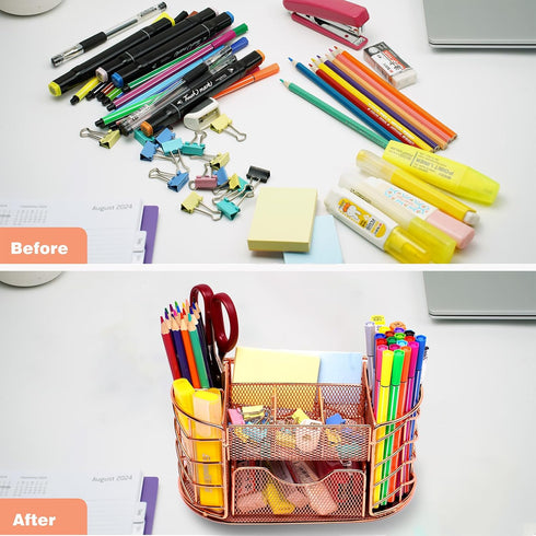 Metal Pencil Caddy Desk Organizer for Office Supplies (Rose Gold) - Pen Holder for Desktop