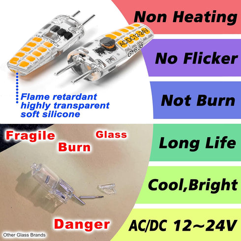 GY6.35 LED Bulb 2W Equivalent 20W Halogen Bulb 2700K Warm White AC/DC 12-24 Volt G6.35/GY6.35 Bi-Pin JC Type Bulb for Landscape Chandelier Under Cabinet Ceiling Lights, Non-Dimmable, 10 Pack by Heifymi