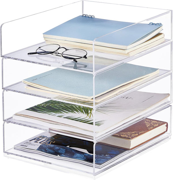 Harloon 4 Tier Acrylic Paper Tray, Stackable Letter Tray for Organizing, Clear Trays for Office Storage