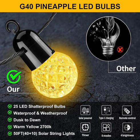 AGELCK 50FT 25 Dimmable G40 Bulbs, 8 Solar String Lights Outdoor Waterproof w/Remote, LED Shatterproof Modes & Timer