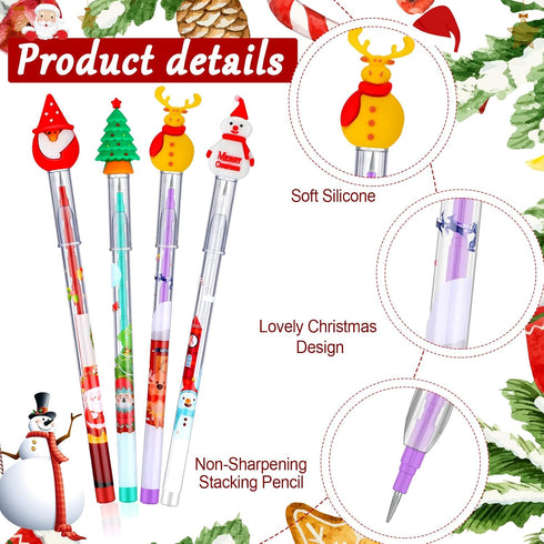 Christmas Pencils Multi-Point Stackable Push Pencils Decorated with Santa, Xmas Tree, Deer, and Snowman (24 Pieces)